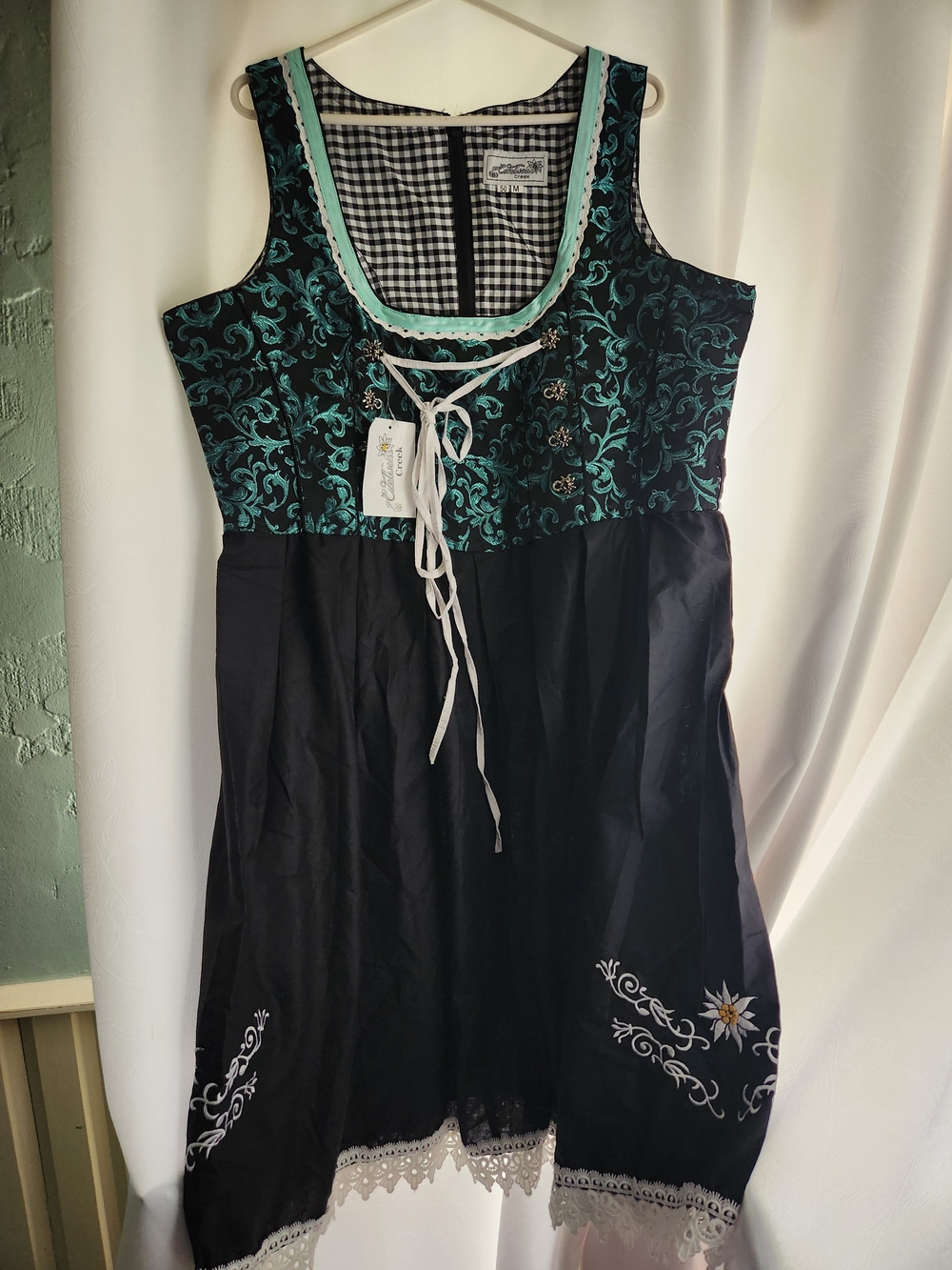 Teal & Black Lace-Up German Dirndl Midi Dress w Embroidery 2X 18 - 20 EU 50 NWT